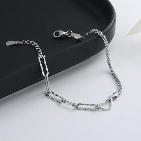 925 Sterling Silver Dainty Heart Chain Link Bracelet - Picture 3 of 8